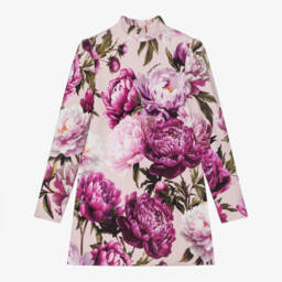 Girls Pink Peony Print Mock-Neck Dress