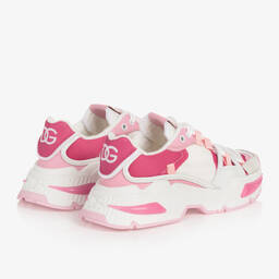 Dolce & Gabbana-حذاء رياضي جلد وكانفاس لون أبيض وزهري للبنات | Childrensalon