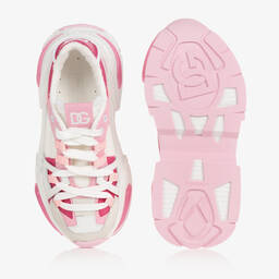 Dolce & Gabbana-حذاء رياضي جلد وكانفاس لون أبيض وزهري للبنات | Childrensalon