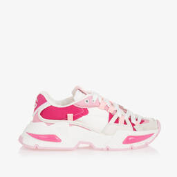 Dolce & Gabbana-حذاء رياضي جلد وكانفاس لون أبيض وزهري للبنات | Childrensalon