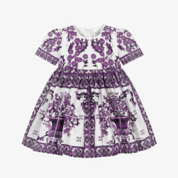 Girls Purple Majolica Print Cotton Poplin Dress