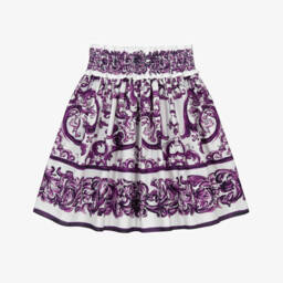 Dolce & Gabbana-Girls Purple Majolica Print Cotton Skirt with Shirred Waist | Childrensalon