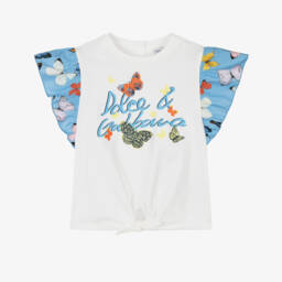 Dolce & Gabbana-Girls White & Blue Butterfly Print Cotton T-Shirt | Childrensalon