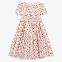 Girls White Cotton Dress with Red Rose Print
