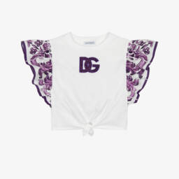 Girls White Cotton T-Shirt with Butterfly Sleeves