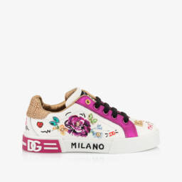 Dolce & Gabbana-Girls White Leather & Raffia Trainers with Florals & Doodles | Childrensalon