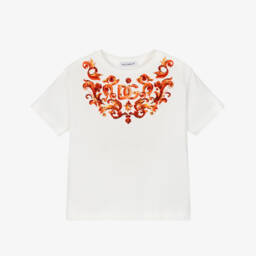Girls White Majolica Print T-Shirt with Sequin Embroidery