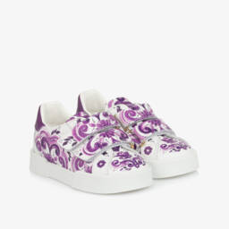 Dolce & Gabbana-Girls White & Purple Majolica Leather Trainers | Childrensalon