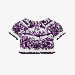 بلوزة بنقشة ماجوليكا لون أبيض وبنفسجي للبنات