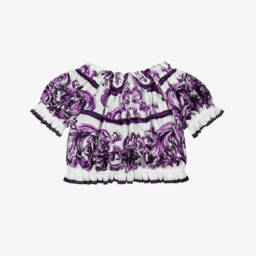 Dolce & Gabbana-Girls White & Purple Majolica Print Cotton Poplin Blouse | Childrensalon