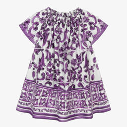 Dolce & Gabbana-Girls White & Purple Majolica Print Cotton Poplin Dress | Childrensalon