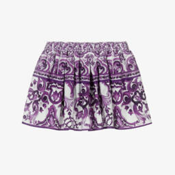 Dolce & Gabbana-Girls White & Purple Majolica Print Cotton Poplin Skirt | Childrensalon