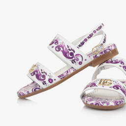 Dolce & Gabbana-صندل بنات بنقشة ماجوليكا جلد لون بنفسجي وأبيض | Childrensalon