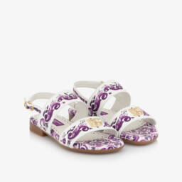 Girls White & Purple Majolica Print Leather Sandals
