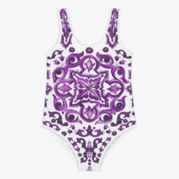 Dolce & Gabbana-Girls White & Purple Majolica Print Swimsuit | Childrensalon