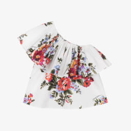 Girls White & Red Floral Asymmetric Ruffle Cotton Top