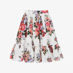 Girls White & Red Floral Cotton Maxi Skirt