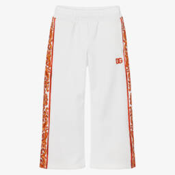 Girls White Wide Leg Joggers with Majolica Trims