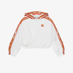 Girls White Zip-Up Hoodie with Majolica Trims
