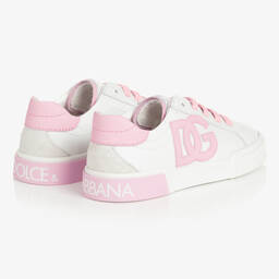 Dolce & Gabbana-ترينرز جلد وشامواه لون أبيض وزهري للبنات | Childrensalon