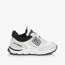 Dolce & Gabbana-White & Ivory Suede & Mesh DG Logo Velcro Trainers | Childrensalon