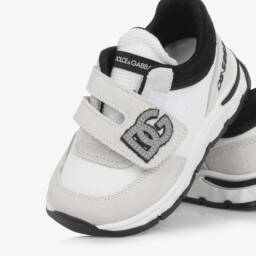 Dolce & Gabbana-White & Ivory Suede & Mesh DG Logo Velcro Trainers | Childrensalon