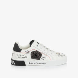 Dolce & Gabbana-White Leather King Doodle Slip-On Trainers | Childrensalon