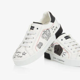 Dolce & Gabbana-White Leather King Doodle Slip-On Trainers | Childrensalon
