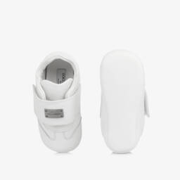 Dolce & Gabbana-White Leather Pre-Walker Shoes with Logo Plaque | Childrensalon