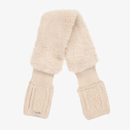 Donsje-Beige Faux Fur & Cotton Knit Scarf (78cm) | Childrensalon
