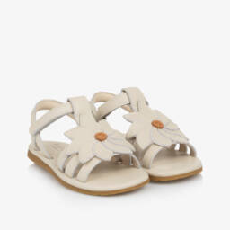 Girls Ivory Leather Flower Sandals