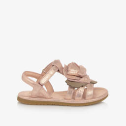 Donsje-Girls Pink & Glittery Gold Sandals with Rose Appliqué | Childrensalon