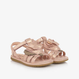 Donsje-Girls Pink & Glittery Gold Sandals with Rose Appliqué | Childrensalon