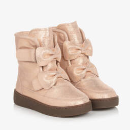 Donsje-Girls Pink Leather Bow Boots | Childrensalon