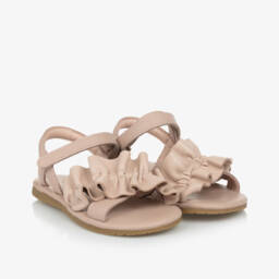 Donsje-Girls Pink Leather Ruffle Sandals | Childrensalon