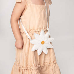 Donsje-Girls White Leather Daisy Purse (17cm) | Childrensalon