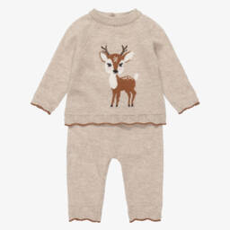 Baby Girls Beige Knit Trouser Set with Deer Motif