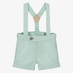 Boys Green Linen Cotton Shorts with Braces