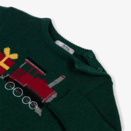 Dr. Kid-Boys Green Train Cotton & Wool Knit Jumper | Childrensalon