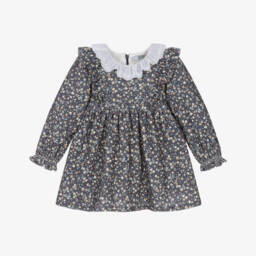 Dr. Kid-Girls Blue Floral Needlecord Dress with Ruffle Collar | Childrensalon
