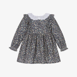 Dr. Kid-Girls Blue Floral Needlecord Dress with Ruffle Collar | Childrensalon