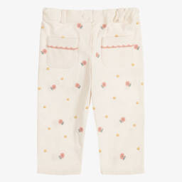 Girls Ivory Corduroy Trousers with Embroidered Pink Flowers