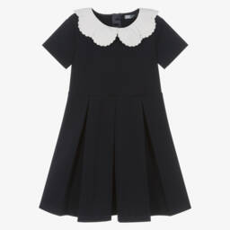 Dr. Kid-Girls Navy Blue Milano Jersey Dress with Scalloped Collar | Childrensalon