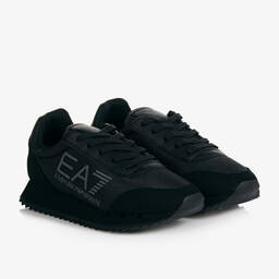 EA7 Emporio Armani-ترينرز جلد صناعي وشبك لون أسود | Childrensalon