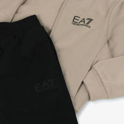 EA7 Emporio Armani-Boys Beige & Black Cotton Tracksuit with Hood & Black Logos | Childrensalon