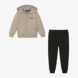 EA7 Emporio Armani-Boys Beige & Black Cotton Tracksuit with Hood & Black Logos | Childrensalon