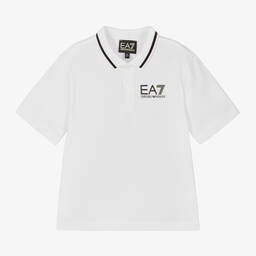 EA7 Emporio Armani-Boys White Cotton Polo Shirt | Childrensalon