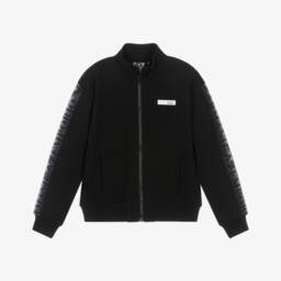 Girls Black Cotton Zip-Up Top with Logo Taping