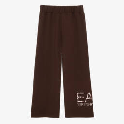 Girls Brown Wide-Leg Trousers with Floral EA7 Logo