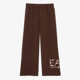 Girls Brown Wide-Leg Trousers with Floral EA7 Logo